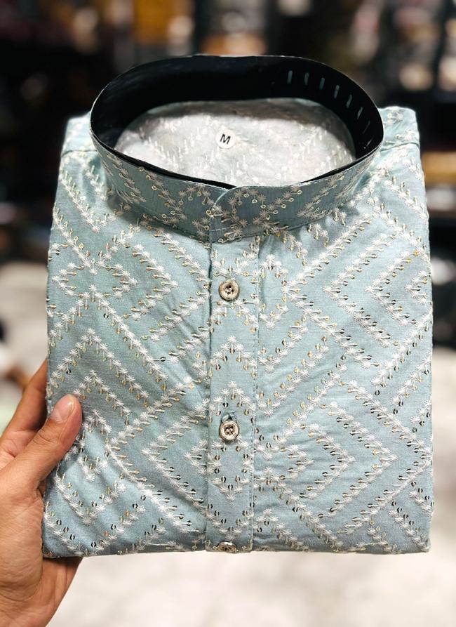 Banglori Silk Sky Blue Festival Wear Embroidery Work Readymade Kurta Pyjama